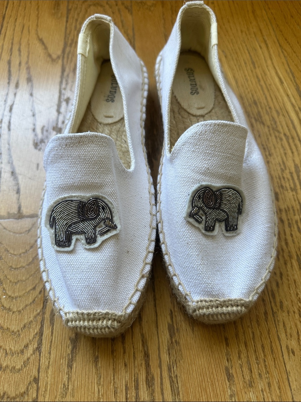 Soludos White Canvas Espadrilles with Embroidered Elephant Appliqués